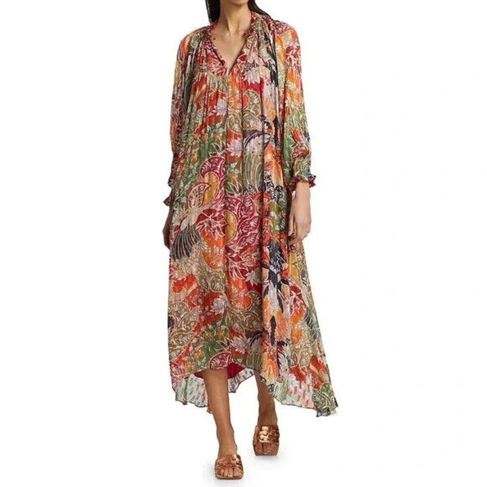 CHUFY Zar Bennu Floral Ruffled Collar Tunic Maxi Dress Sz S Embroidered #1A456